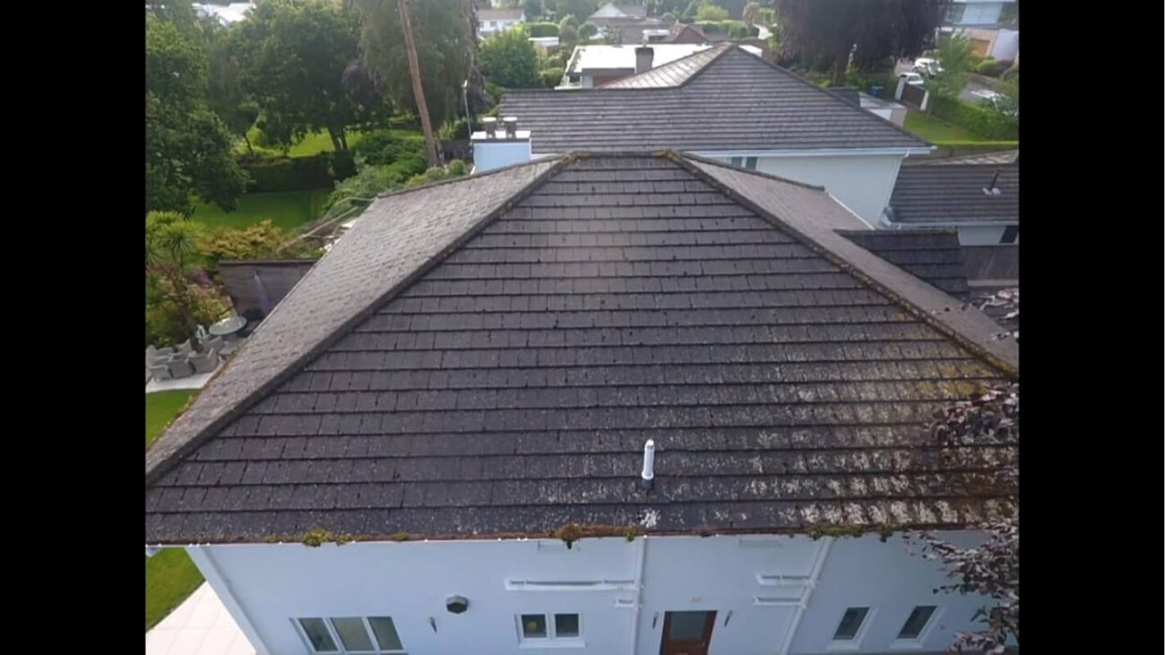 Dirty residential roof with moss growing from the gutters