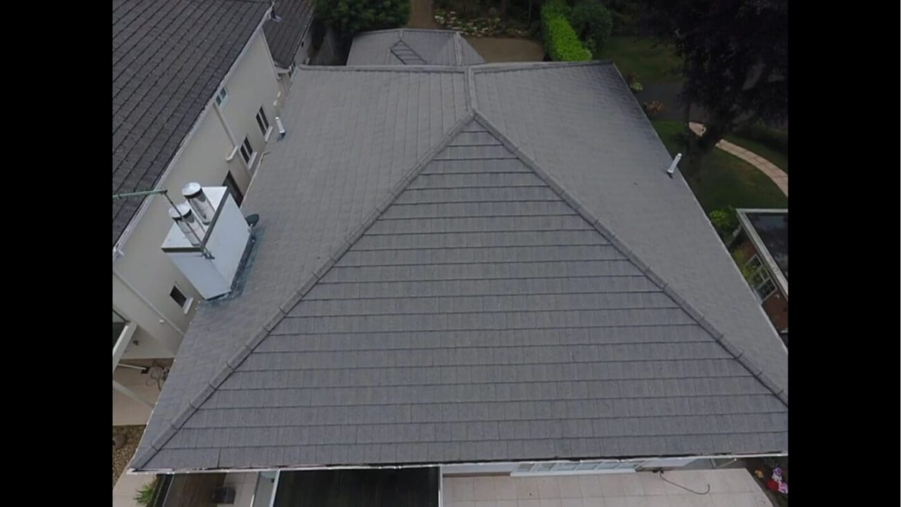 top down view of clean grey roof tiles recently soft washed