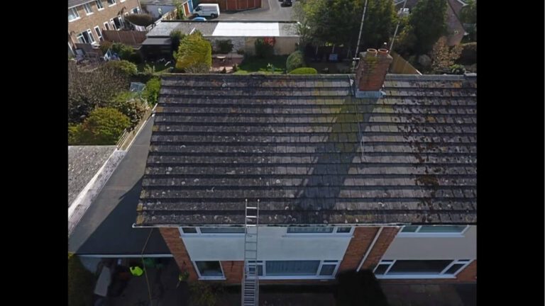 semi detached home with moss covered shingles