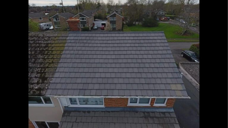 Grey shingle roof post soft wash clean adjacent to moss covered roof