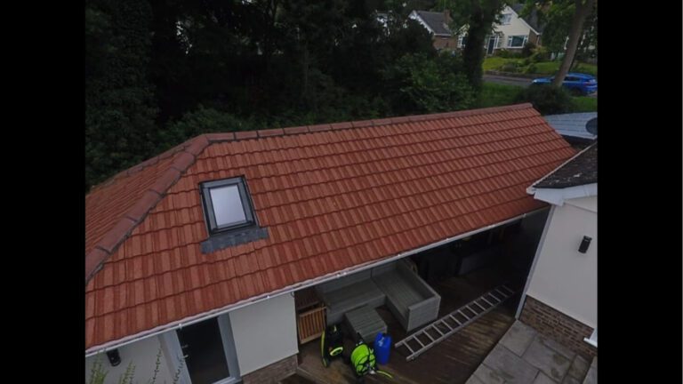 Clean garden work shop red roof tiles on a cloudy day