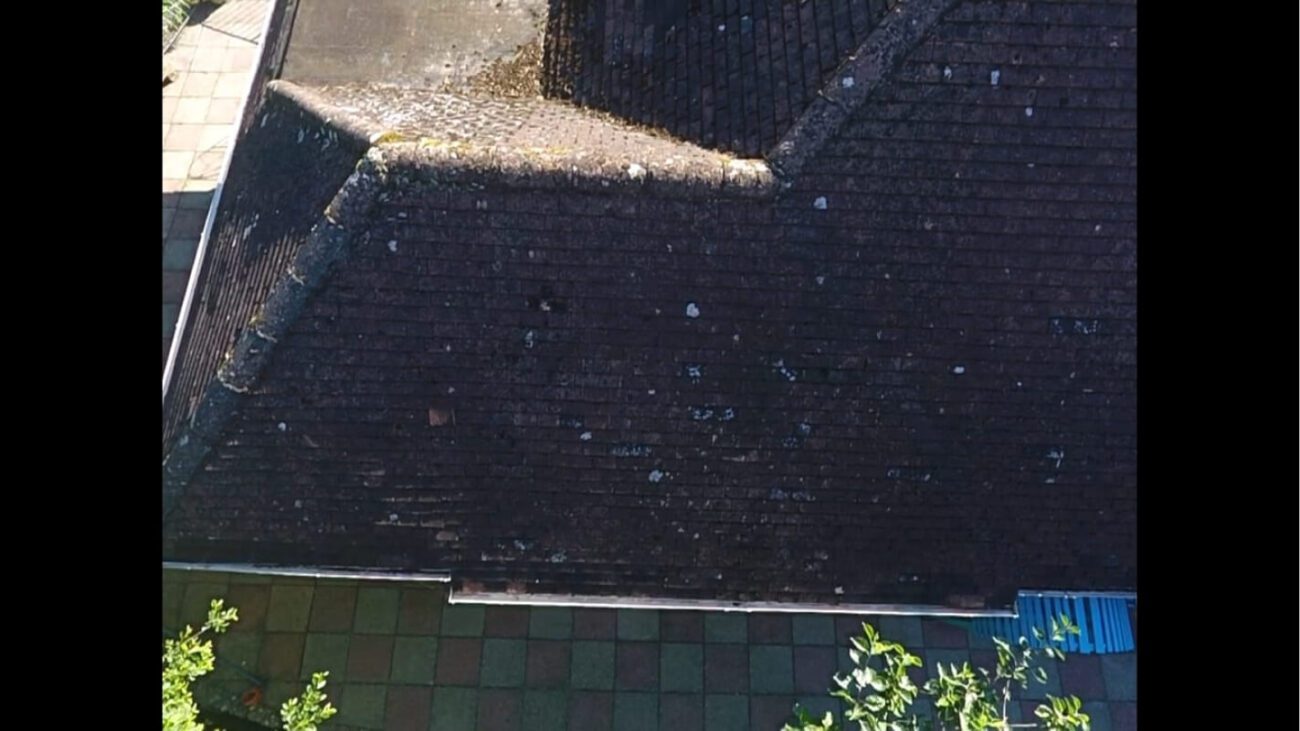 Dirty moss covered roof with uneven guttering requiring repair