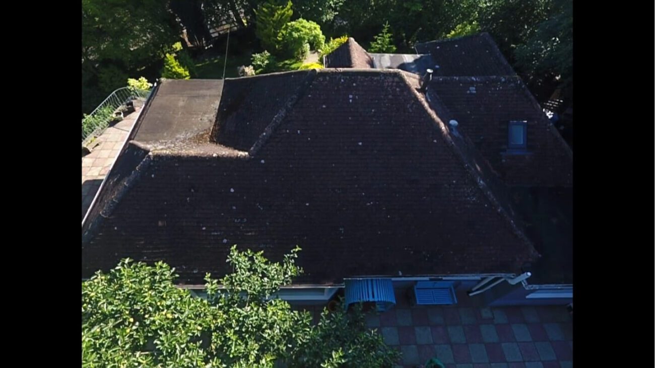 aerial view of dirty roof coasted in moss in need of renovation