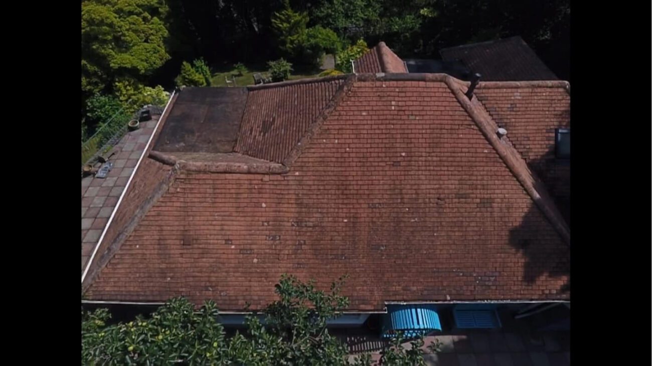 Aerial view of red tiled roof recently cleaned