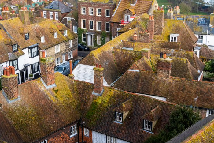 Small Dorset town centre with building encased in moss